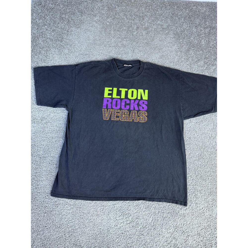 Elton John Shirt Mens 2XL Black ELTON ROCKS VEGAS Graphic Crew Neck Concert Tee